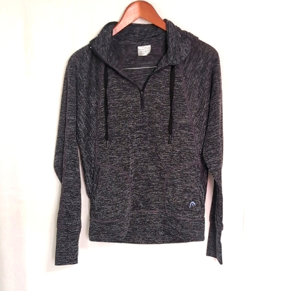 Head Tops - Head Dark Heather Grey Collared Quarter Zip Lightweight Sweatshirt with Hood Med